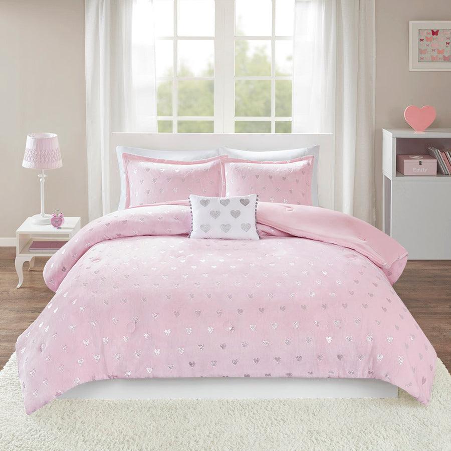 Olliix.com Comforters & Blankets - Rosalie Modern Metallic Printed Plush Comforter Set Pink | Silver Twin/Twin XL
