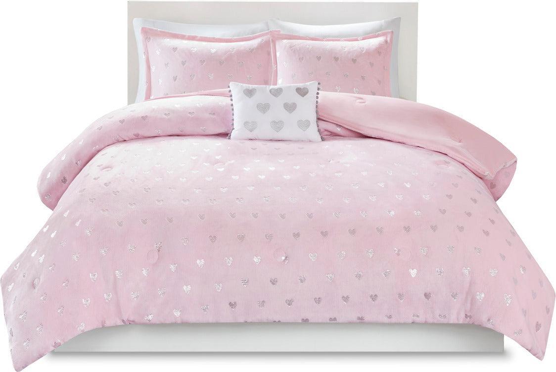 Olliix.com Comforters & Blankets - Rosalie Modern Metallic Printed Plush Comforter Set Pink | Silver Twin/Twin XL