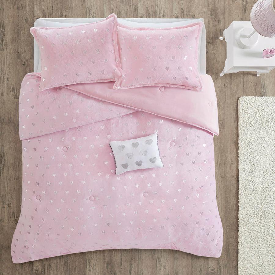 Olliix.com Comforters & Blankets - Rosalie Modern Metallic Printed Plush Comforter Set Pink | Silver Twin/Twin XL