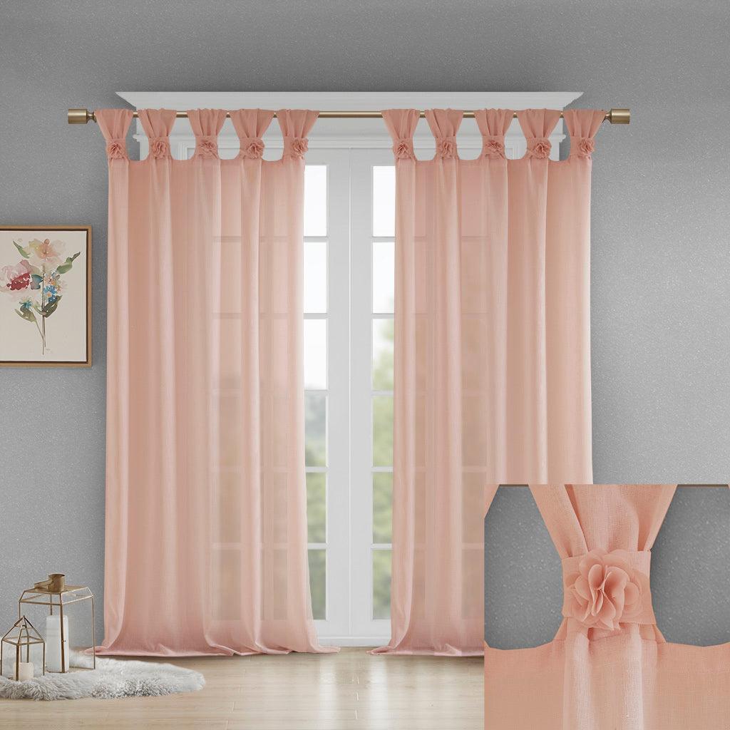 Olliix.com Curtains - Rosette 63 H Floral Embellished Cuff Tab Top Solid Window Panel Blush