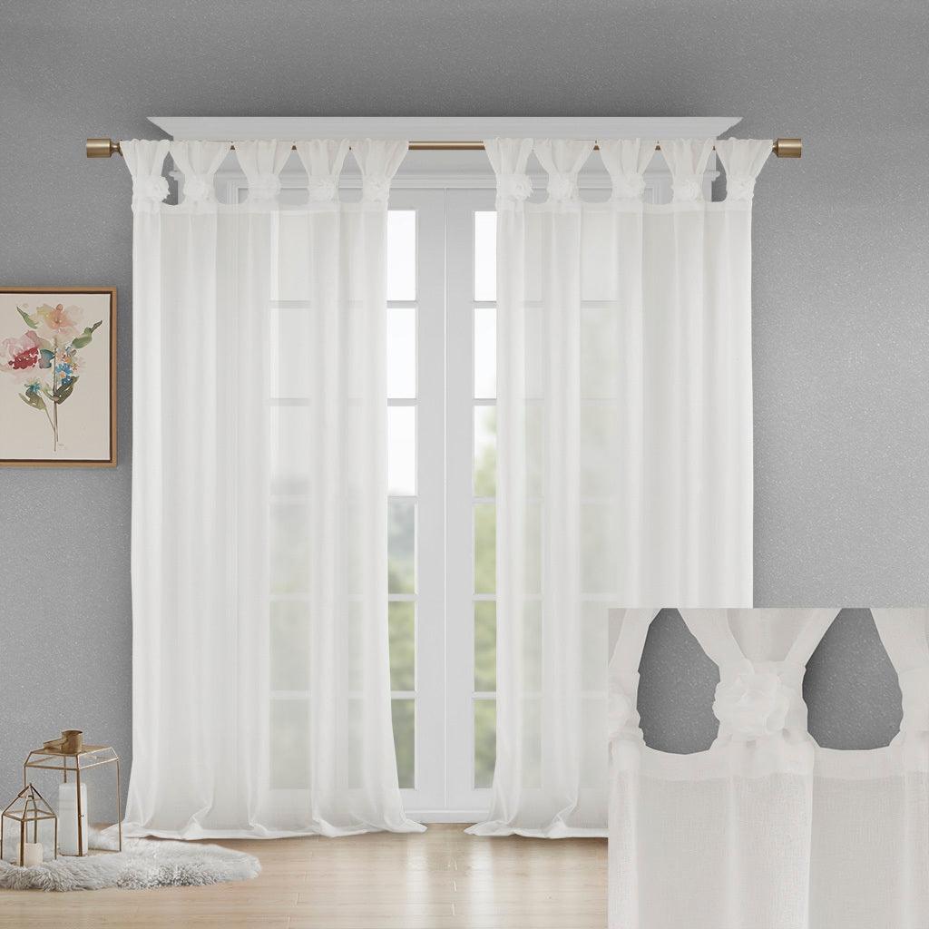 Olliix.com Curtains - Rosette 63 H Floral Embellished Cuff Tab Top Solid Window Panel White
