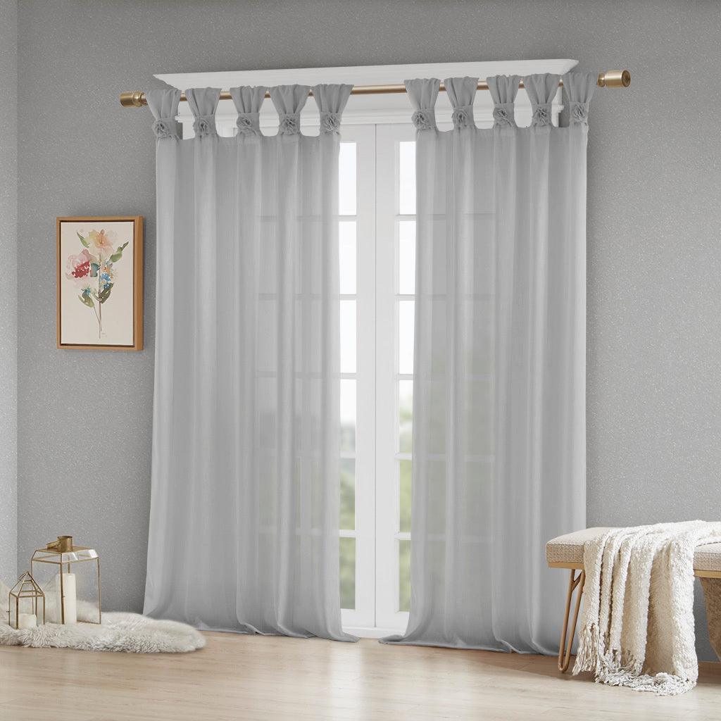 Olliix.com Curtains - Rosette 84 H Floral Embellished Cuff Tab Top Solid Window Panel Gray