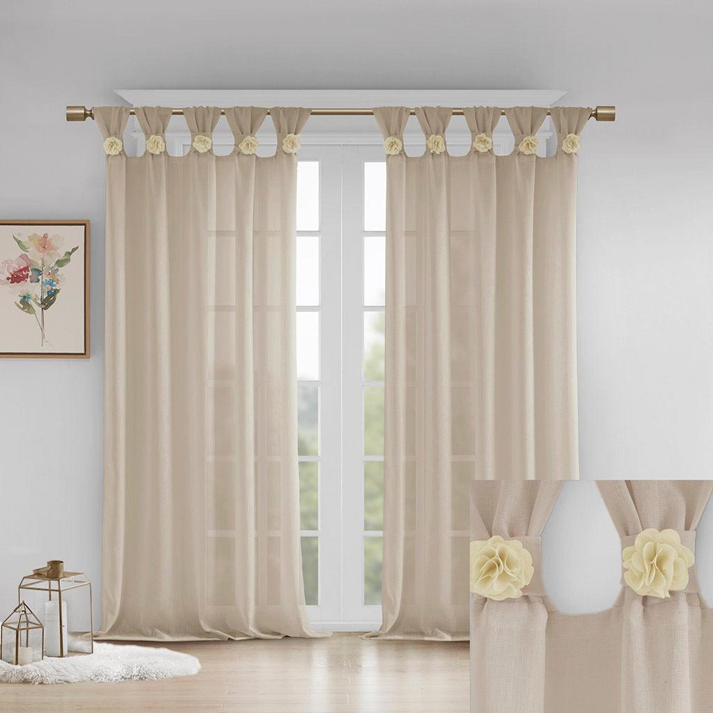 Olliix.com Curtains - Rosette 84 H Floral Embellished Cuff Tab Top Solid Window Panel Linen