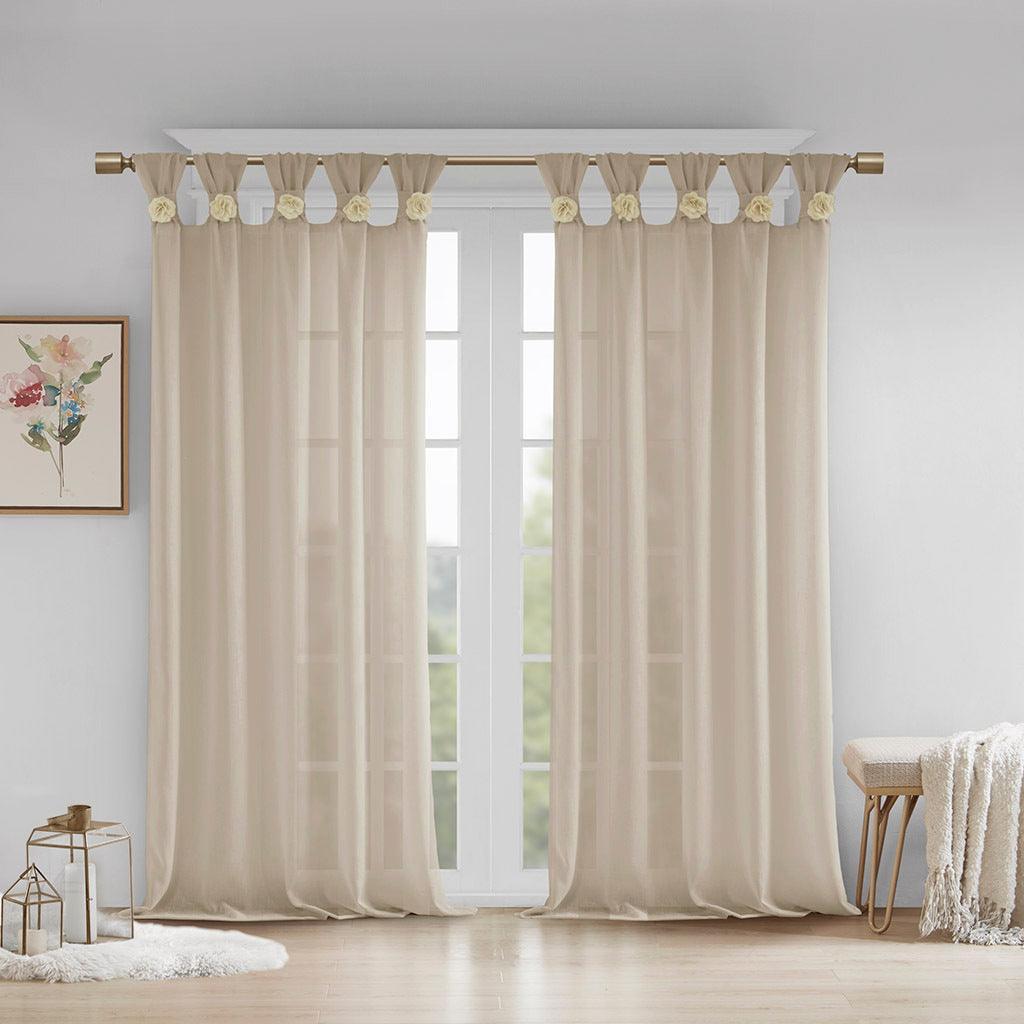 Olliix.com Curtains - Rosette 95 H Floral Embellished Cuff Tab Top Solid Window Panel Linen
