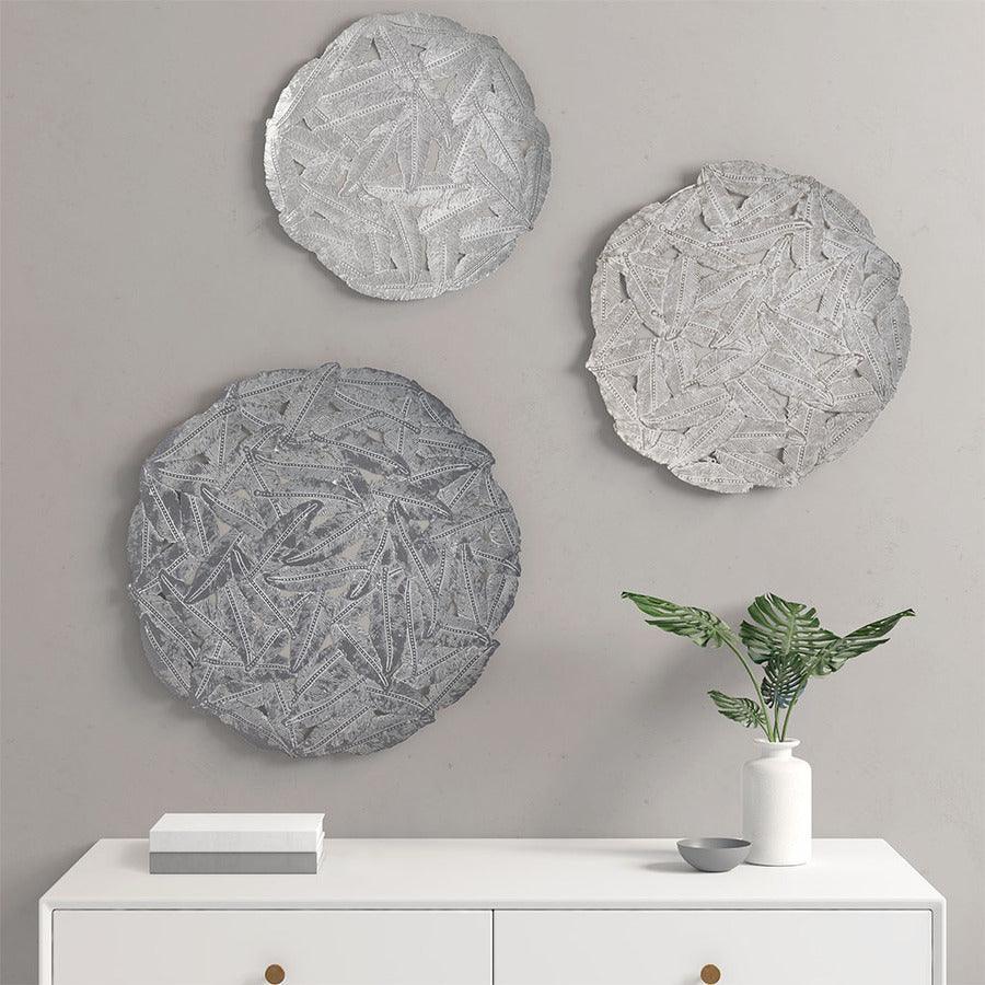 Olliix.com Wall Art - Rossi Feather Painted Iron Round Wall D?©cor 3 Piece Set Grey