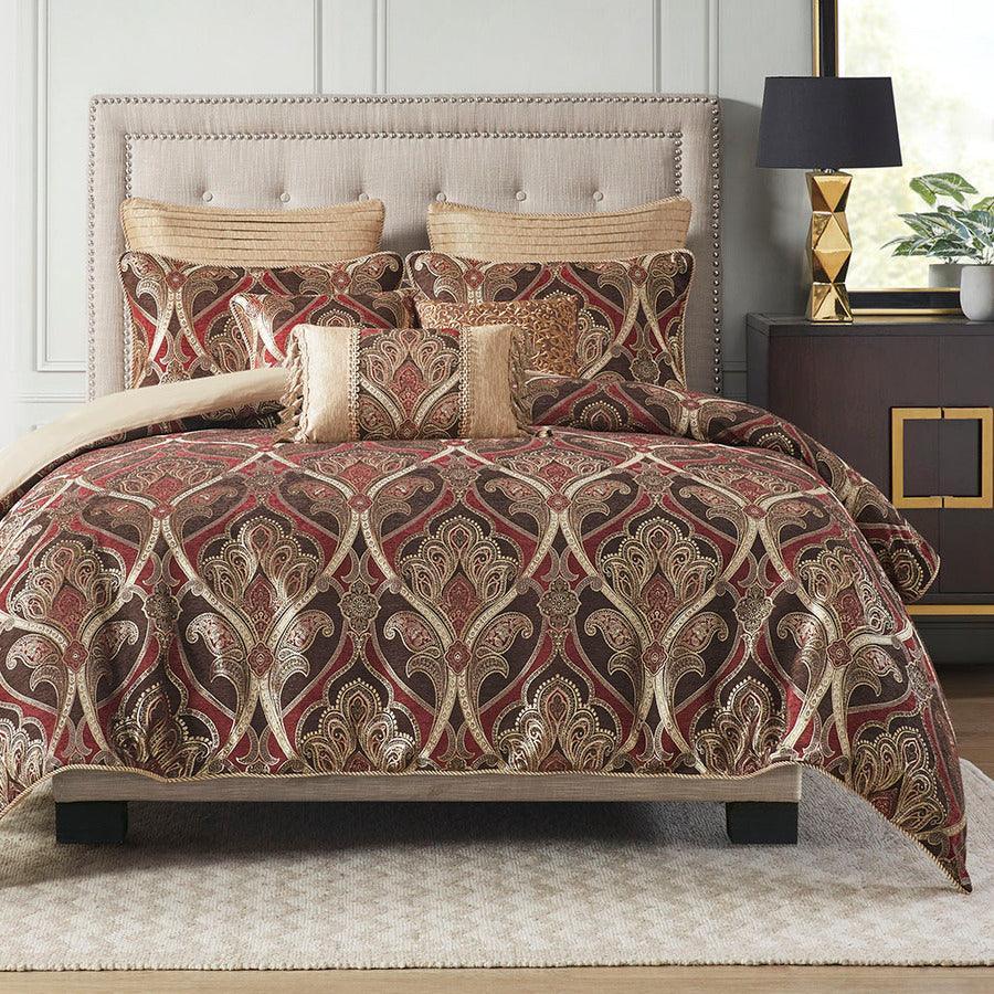 Olliix.com Comforters & Blankets - Royale Jacquard Comforter Set With Euro Shams And Dec Pillows Red King