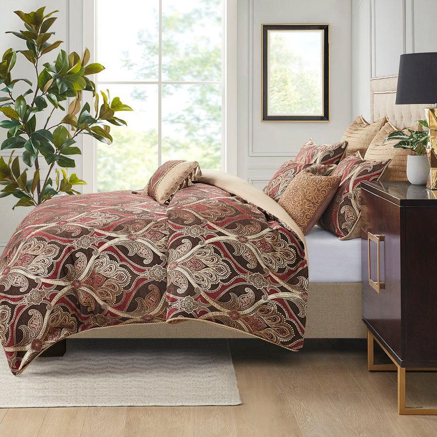 Olliix.com Comforters & Blankets - Royale Jacquard Comforter Set With Euro Shams And Dec Pillows Red King