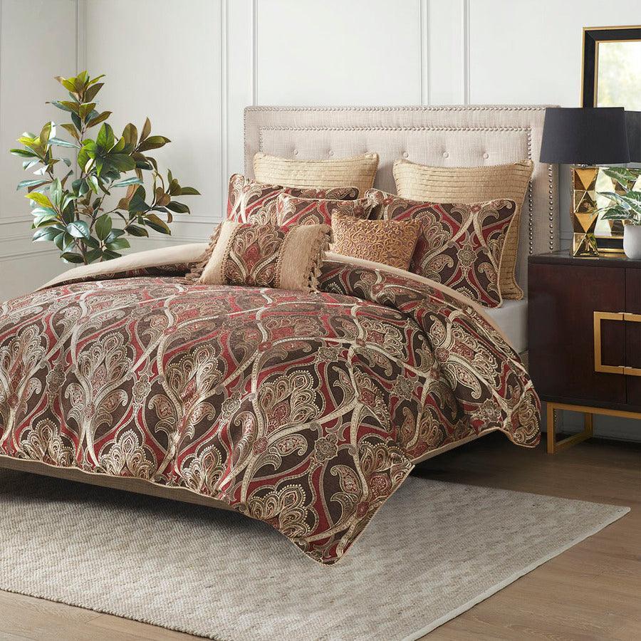 Olliix.com Comforters & Blankets - Royale Jacquard Comforter Set With Euro Shams And Pillows Red Queen