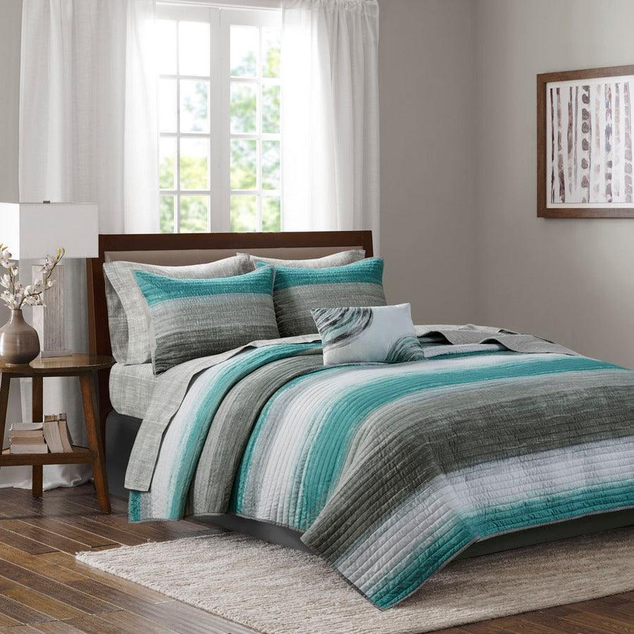 Olliix.com Comforters & Blankets - Saben Transitional Complete Reversible Coverlet and Cotton Sheet Set Queen Aqua