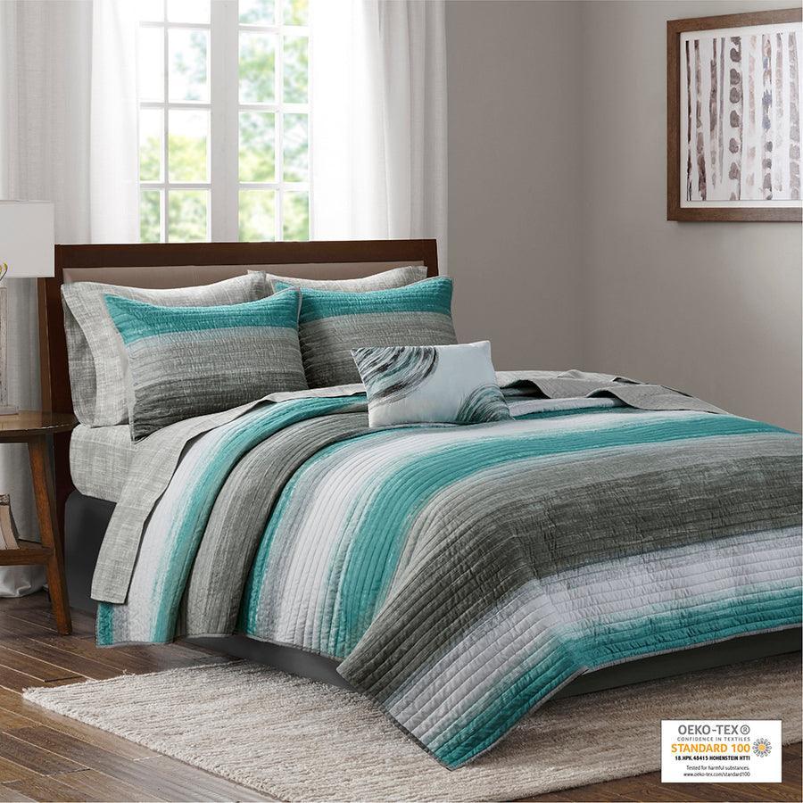Olliix.com Comforters & Blankets - Saben Transitional Complete Reversible Coverlet and Cotton Sheet Set Queen Aqua