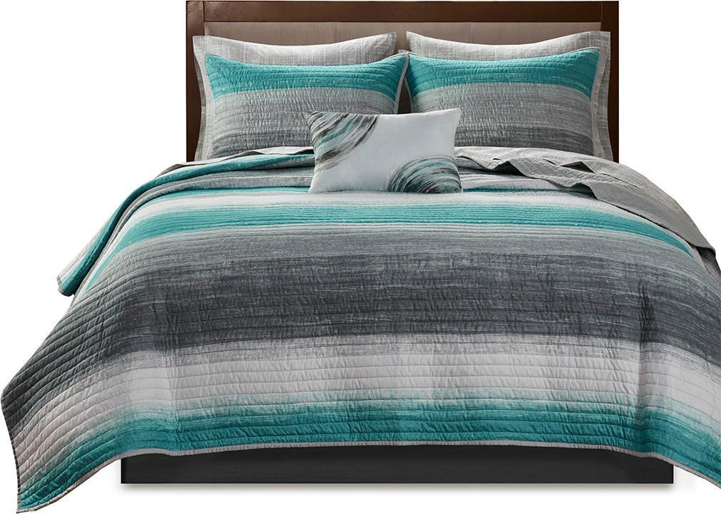 Olliix.com Comforters & Blankets - Saben Transitional Complete Reversible Coverlet and Cotton Sheet Set Queen Aqua