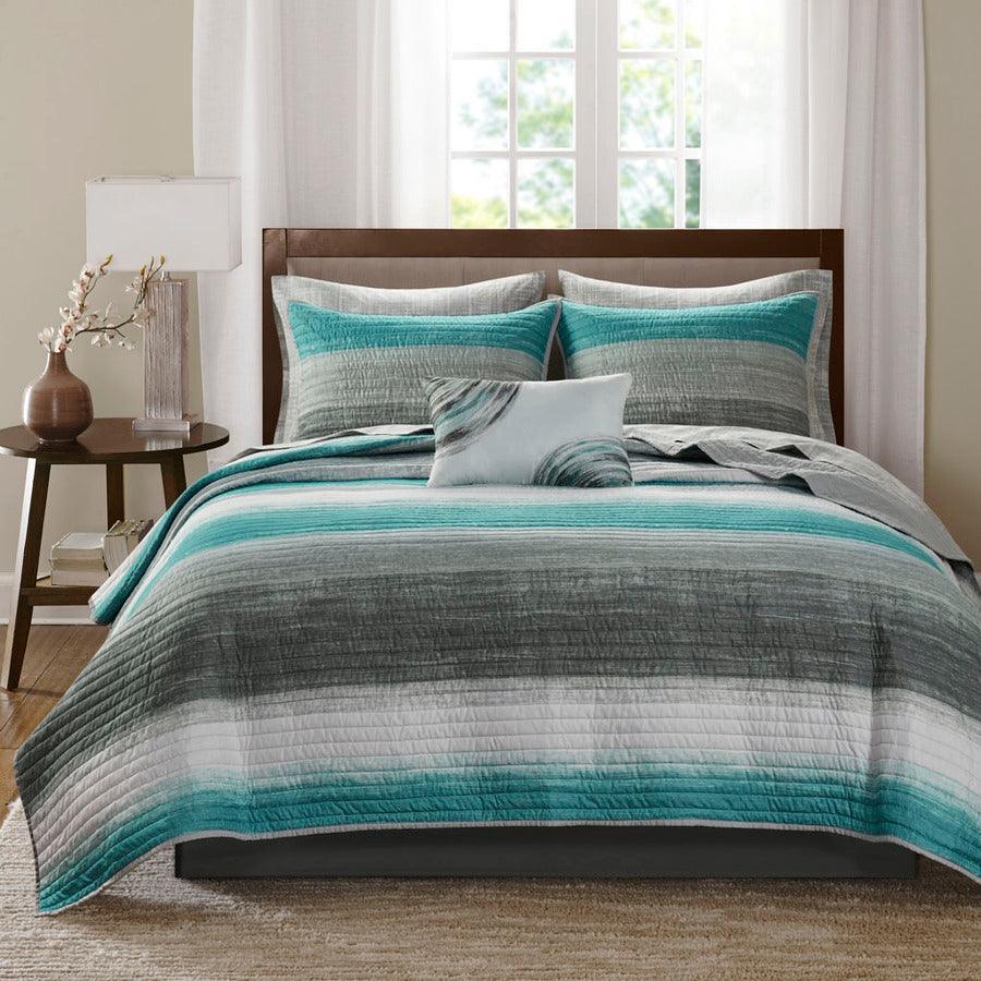 Olliix.com Comforters & Blankets - Saben Transitional Complete Reversible Coverlet and Cotton Sheet Set Queen Aqua