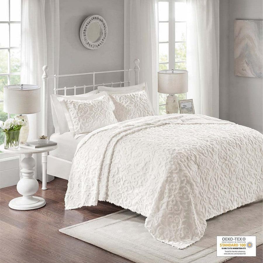 Olliix.com Comforters & Blankets - Sabrina Full/Queen 3 Piece Tufted Cotton Chenille Bedspread Set White