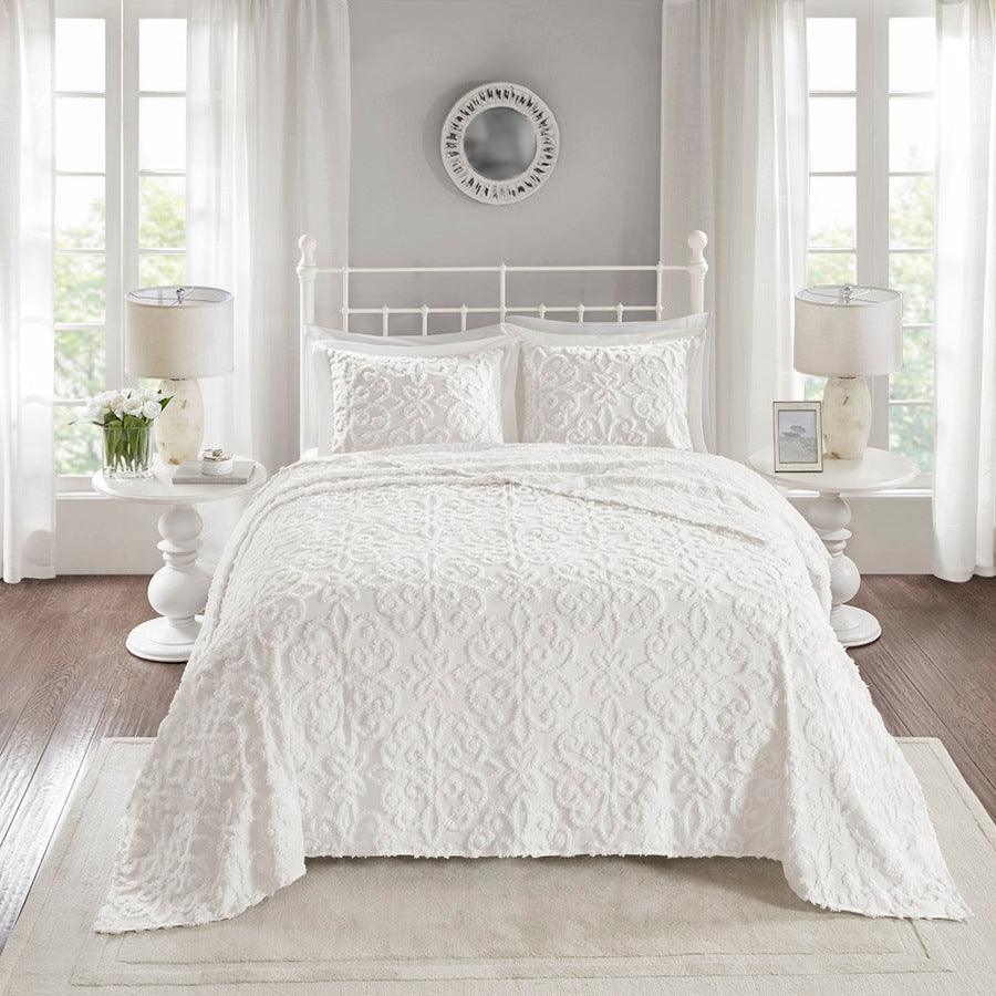 Olliix.com Comforters & Blankets - Sabrina Full/Queen 3 Piece Tufted Cotton Chenille Bedspread Set White