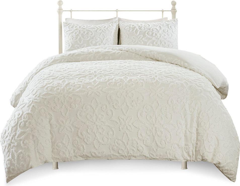 Olliix.com Duvet & Duvet Sets - Sabrina Shabby Chic 3 Piece Tufted Cotton Chenille Duvet Cover Set Full/Queen White