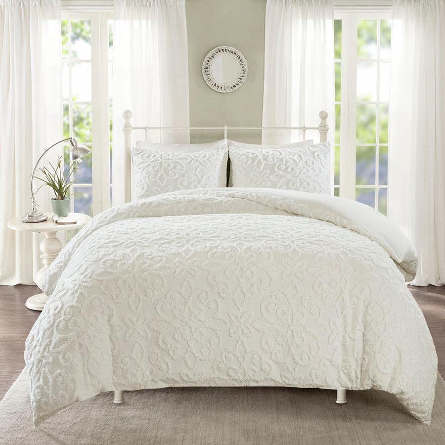 Olliix.com Duvet & Duvet Sets - Sabrina Shabby Chic 3 Piece Tufted Cotton Chenille Duvet Cover Set Full/Queen White