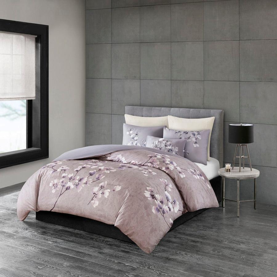 Olliix.com Duvet & Duvet Sets - Sakura Global Inspired Blossom 3 Piece Cotton Sateen Printed Duvet Cover Set King/Cal King Lilac