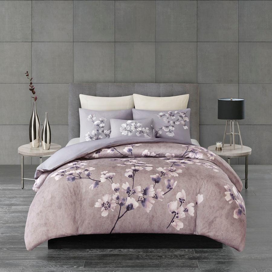 Olliix.com Duvet & Duvet Sets - Sakura Global Inspired Blossom 3 Piece Cotton Sateen Printed Duvet Cover Set King/Cal King Lilac