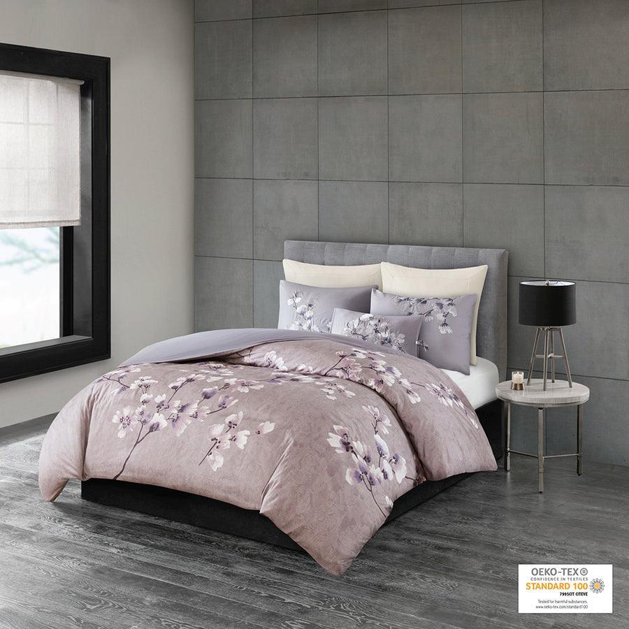 Olliix.com Comforters & Blankets - Sakura Shabby Chic Blossom 3 Piece Cotton Sateen Printed Comforter Set Lilac Full/Queen