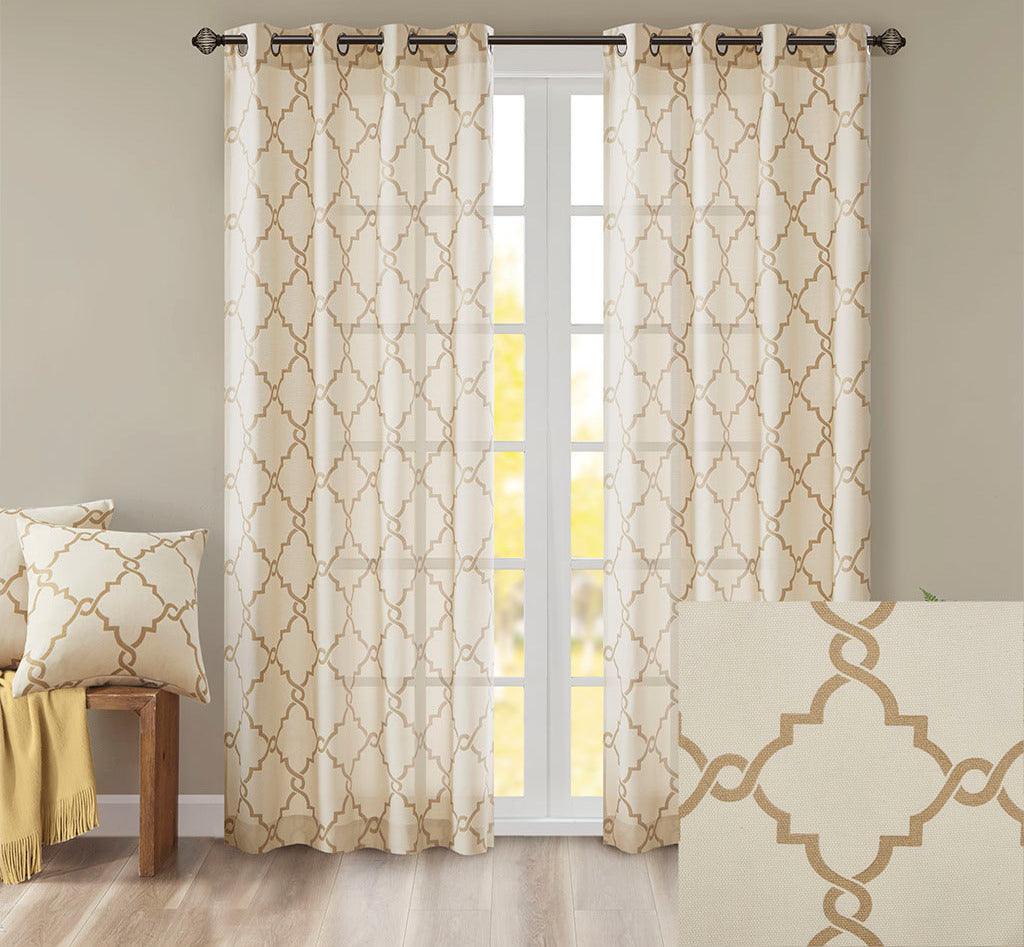 Olliix.com Curtains - Saratoga 108 H Fretwork Print Grommet Top Window Curtain Beige & Gold