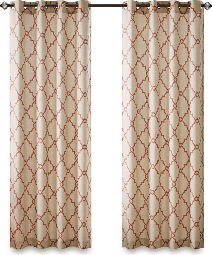 Olliix.com Curtains - Saratoga 108 H Fretwork Print Grommet Top Window Curtain Beige & Spice