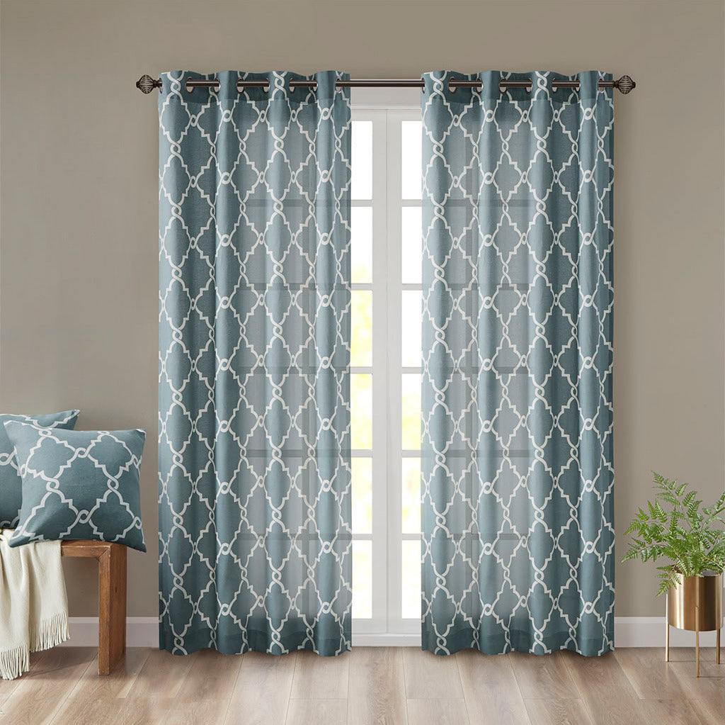 Olliix.com Curtains - Saratoga 108 H Fretwork Print Grommet Top Window Curtain Blue
