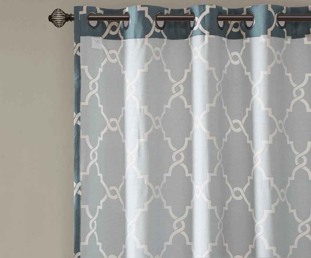 Olliix.com Curtains - Saratoga 108 H Fretwork Print Grommet Top Window Curtain Blue