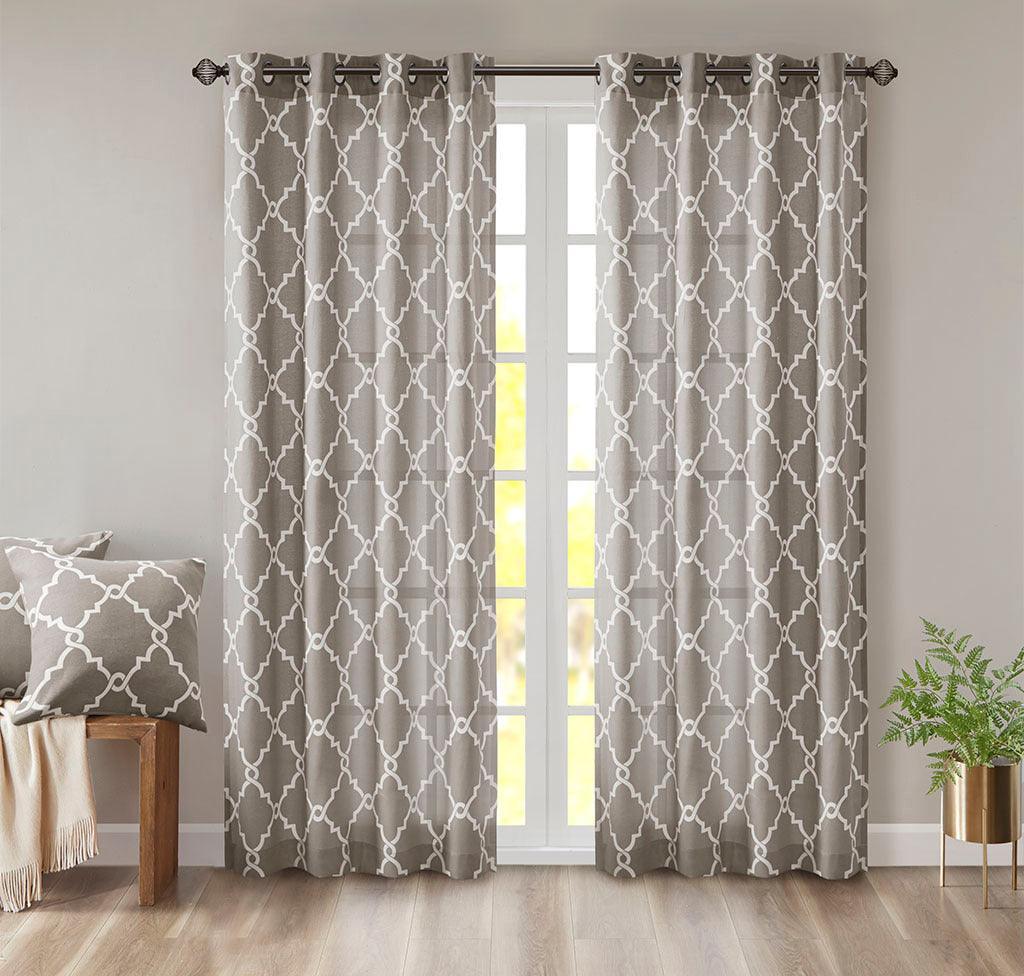 Olliix.com Curtains - Saratoga 108 H Fretwork Print Grommet Top Window Curtain Gray