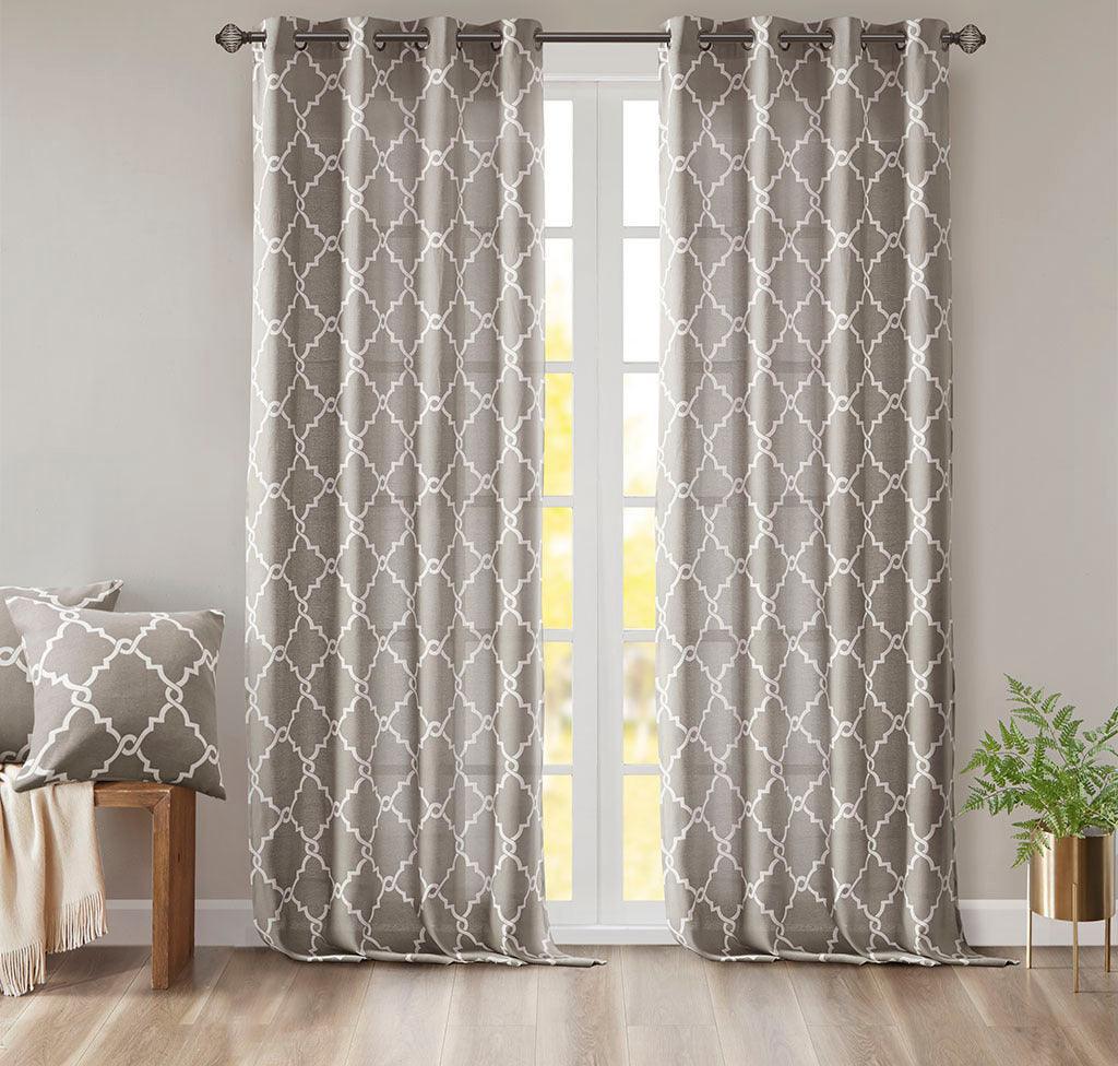 Olliix.com Curtains - Saratoga 108 H Fretwork Print Grommet Top Window Curtain Gray