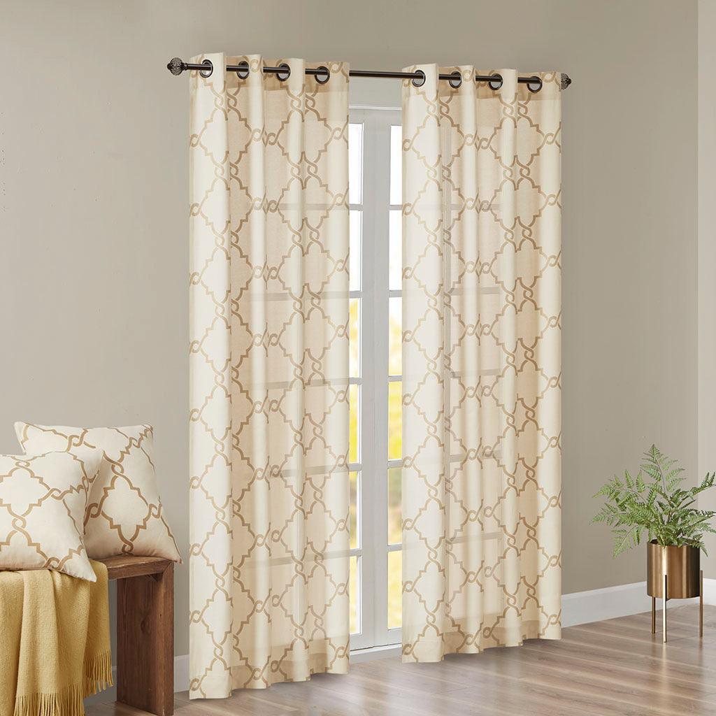 Olliix.com Curtains - Saratoga 63 H Fretwork Print Grommet Top Window Curtain Beige & Gold
