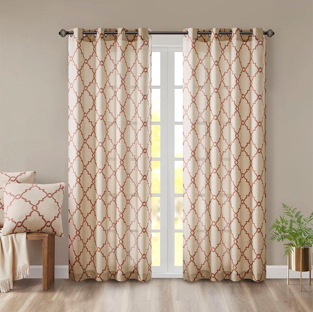 Olliix.com Curtains - Saratoga 63 H Fretwork Print Grommet Top Window Curtain Beige & Spice