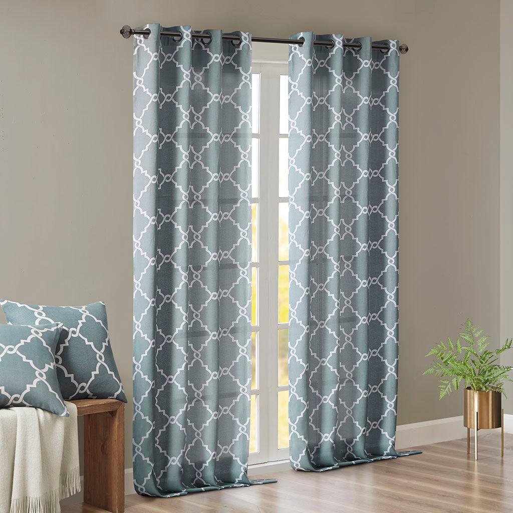 Olliix.com Curtains - Saratoga 63 H Fretwork Print Grommet Top Window Curtain Blue