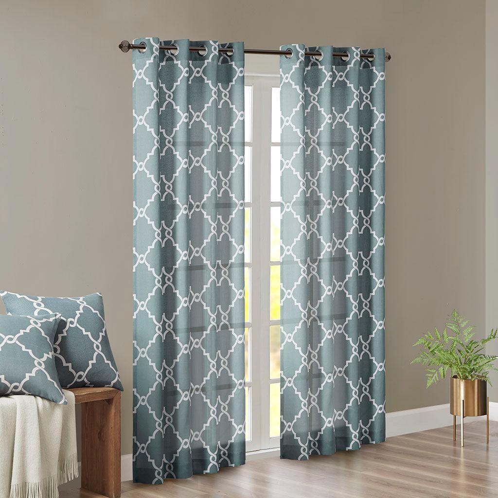Olliix.com Curtains - Saratoga 63 H Fretwork Print Grommet Top Window Curtain Blue