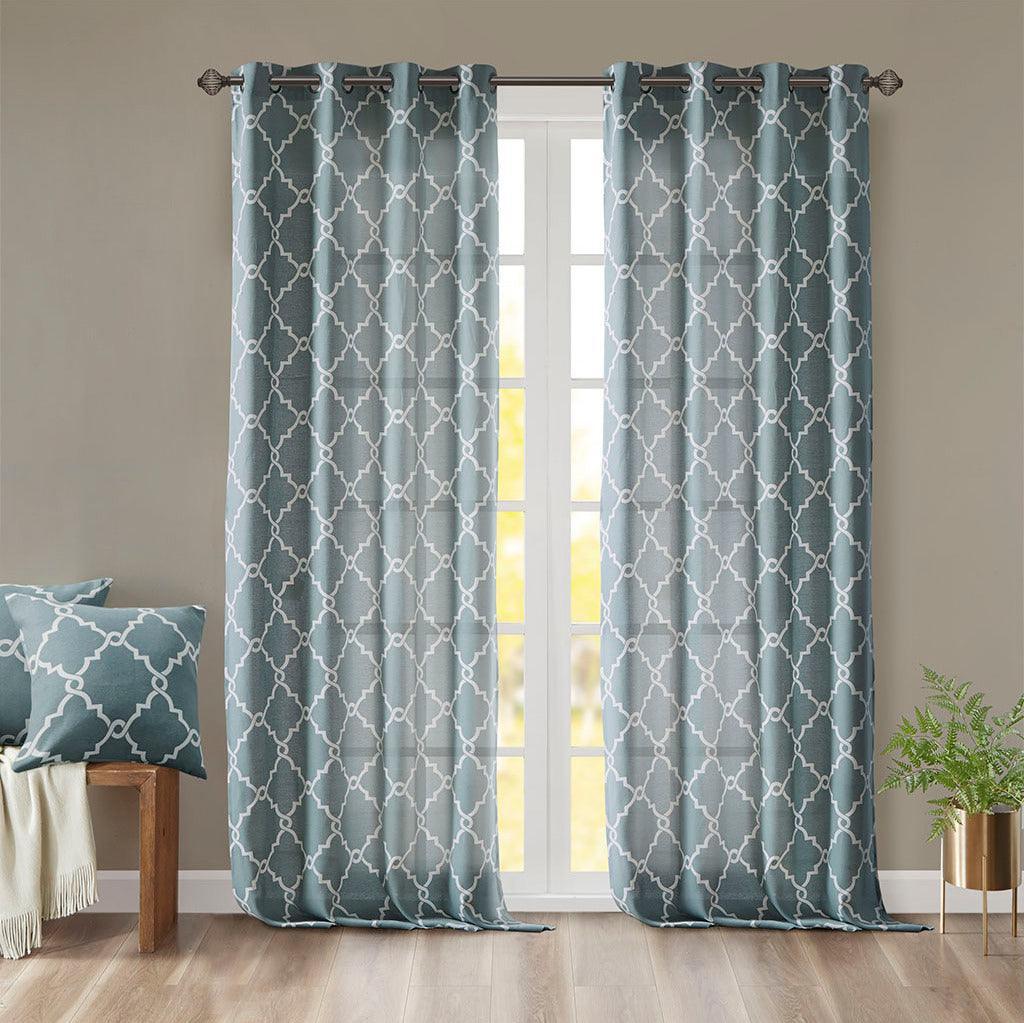 Olliix.com Curtains - Saratoga 63 H Fretwork Print Grommet Top Window Curtain Blue