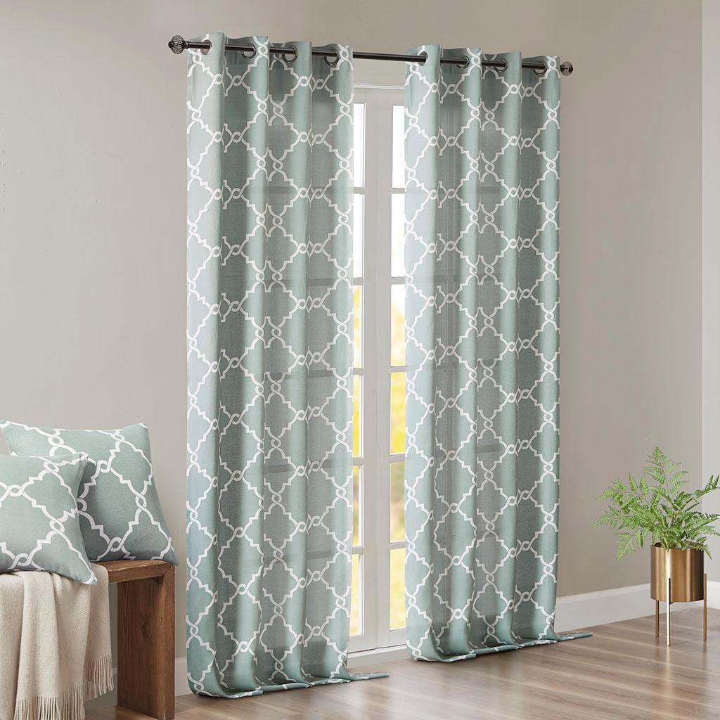 Olliix.com Curtains - Saratoga 63 H Fretwork Print Grommet Top Window Curtain Seafoam