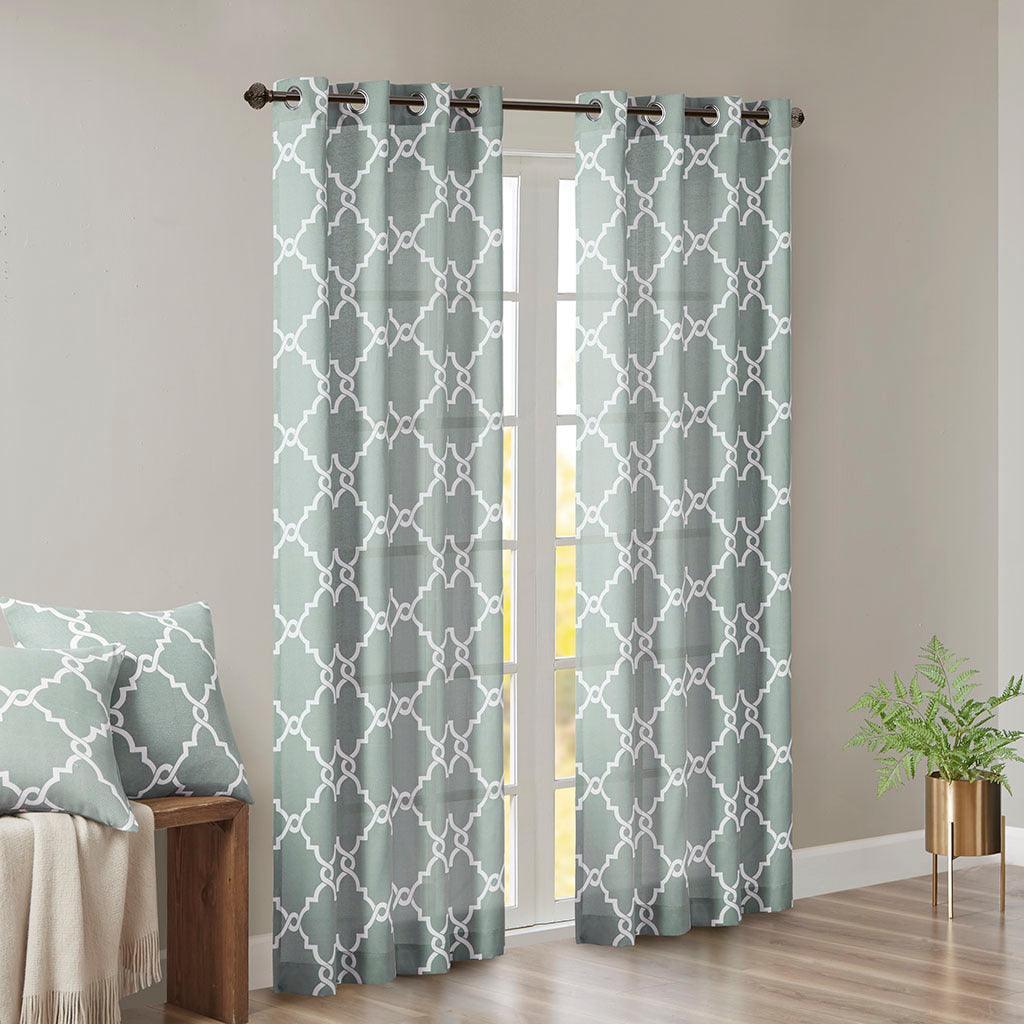 Olliix.com Curtains - Saratoga 63 H Fretwork Print Grommet Top Window Curtain Seafoam