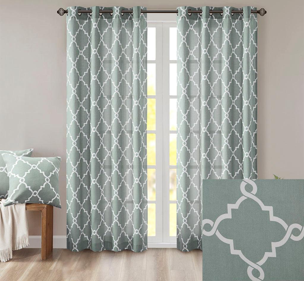 Olliix.com Curtains - Saratoga 63 H Fretwork Print Grommet Top Window Curtain Seafoam