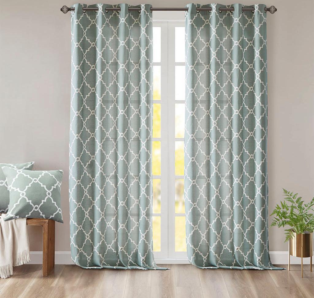 Olliix.com Curtains - Saratoga 63 H Fretwork Print Grommet Top Window Curtain Seafoam