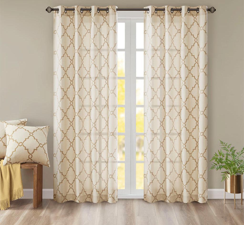 Olliix.com Curtains - Saratoga 84 H Fretwork Print Grommet Top Window Curtain Beige & Gold