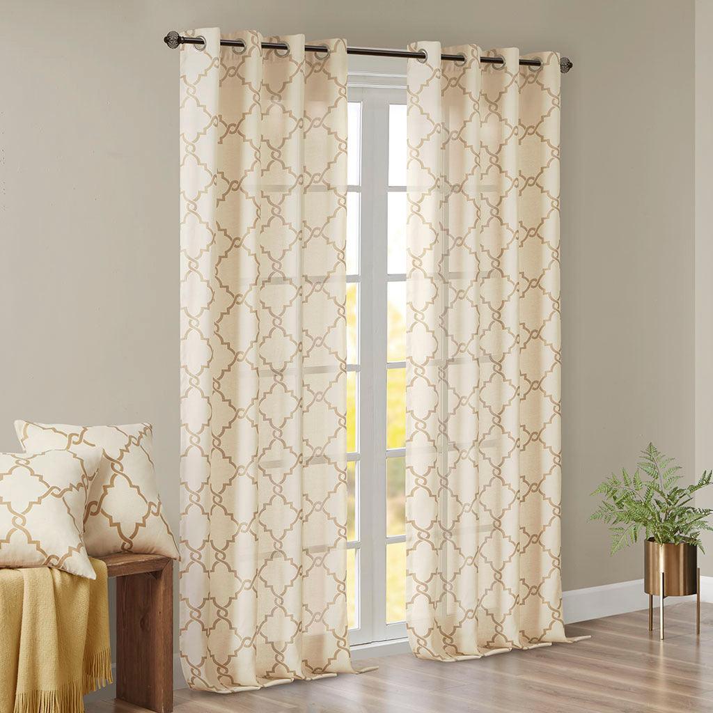 Olliix.com Curtains - Saratoga 84 H Fretwork Print Grommet Top Window Curtain Beige & Gold
