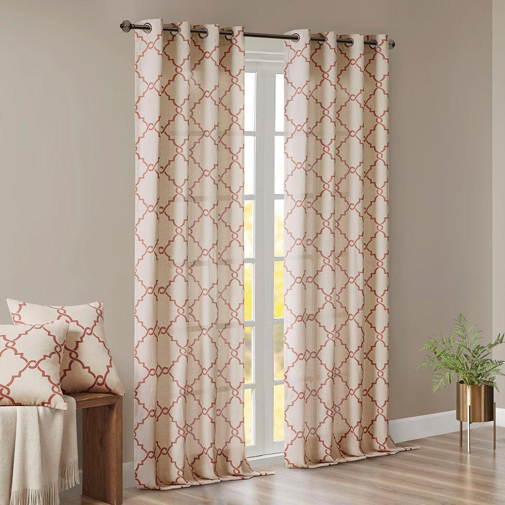 Olliix.com Curtains - Saratoga 84 H Fretwork Print Grommet Top Window Curtain Beige & Spice