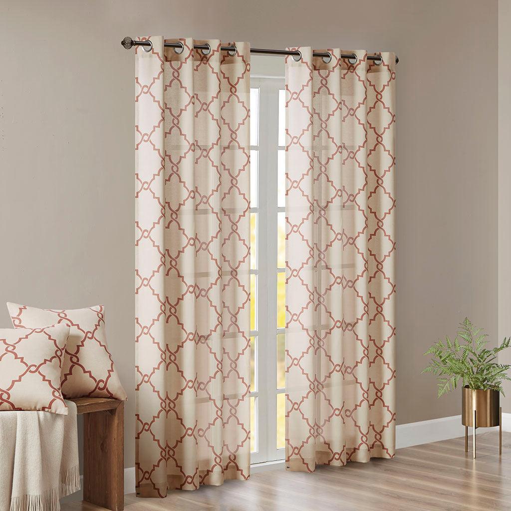 Olliix.com Curtains - Saratoga 84 H Fretwork Print Grommet Top Window Curtain Beige & Spice