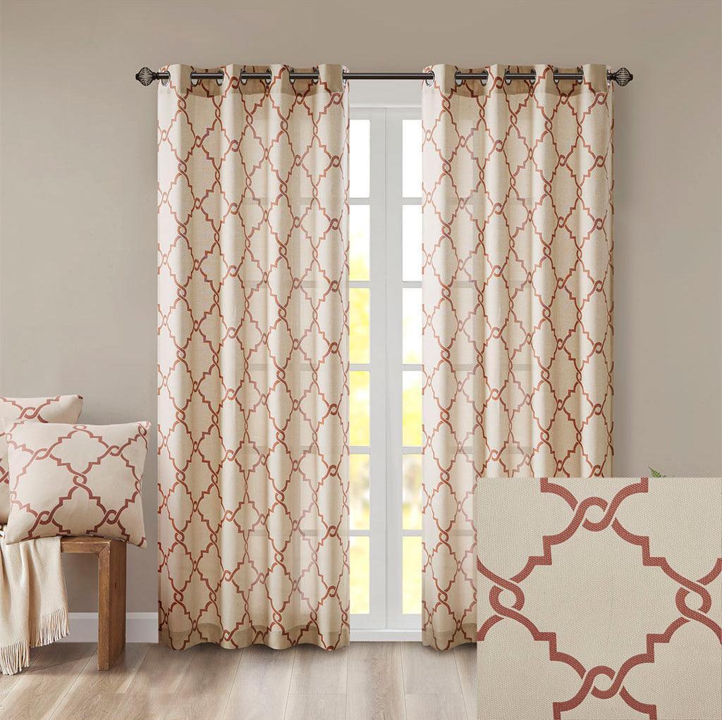 Olliix.com Curtains - Saratoga 84 H Fretwork Print Grommet Top Window Curtain Beige & Spice