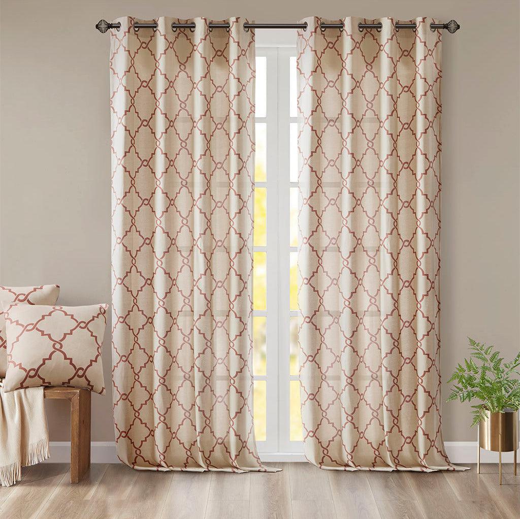 Olliix.com Curtains - Saratoga 84 H Fretwork Print Grommet Top Window Curtain Beige & Spice