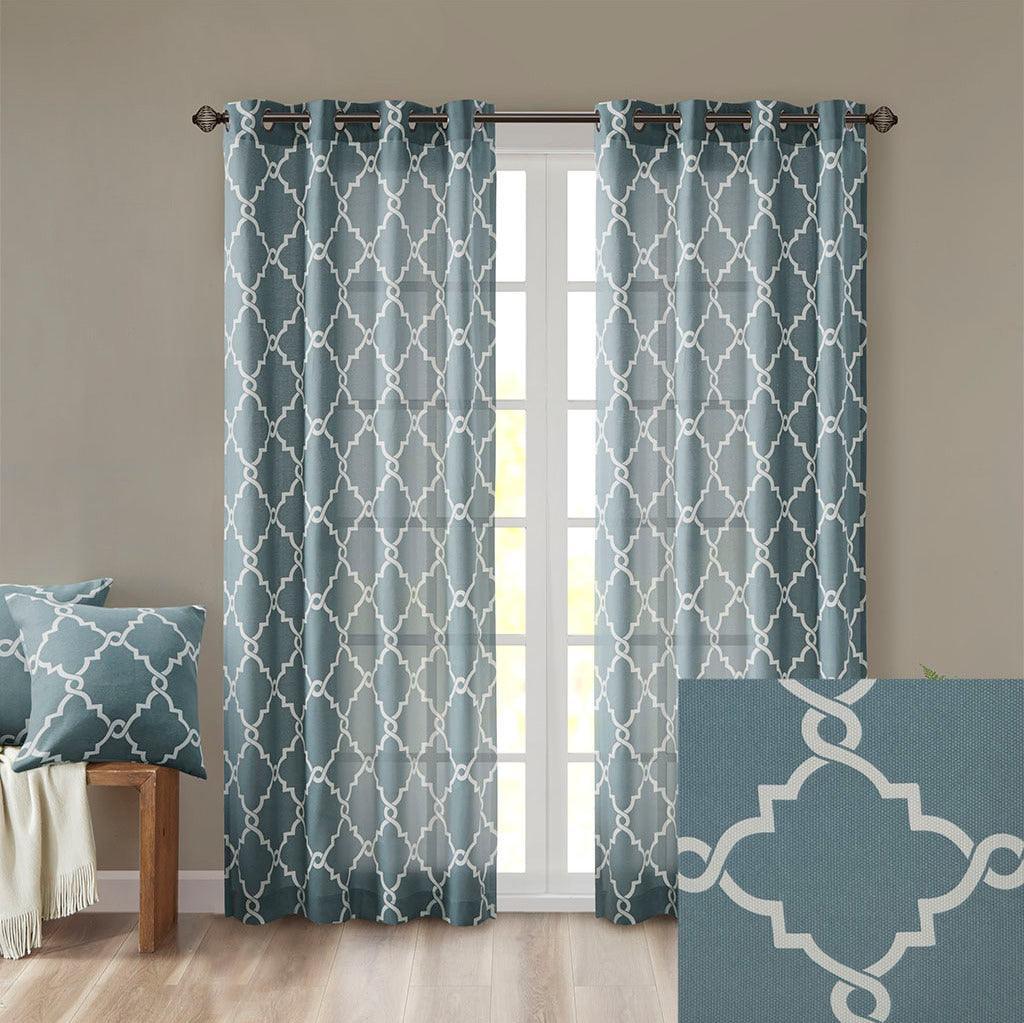 Olliix.com Curtains - Saratoga 84 H Fretwork Print Grommet Top Window Curtain Blue