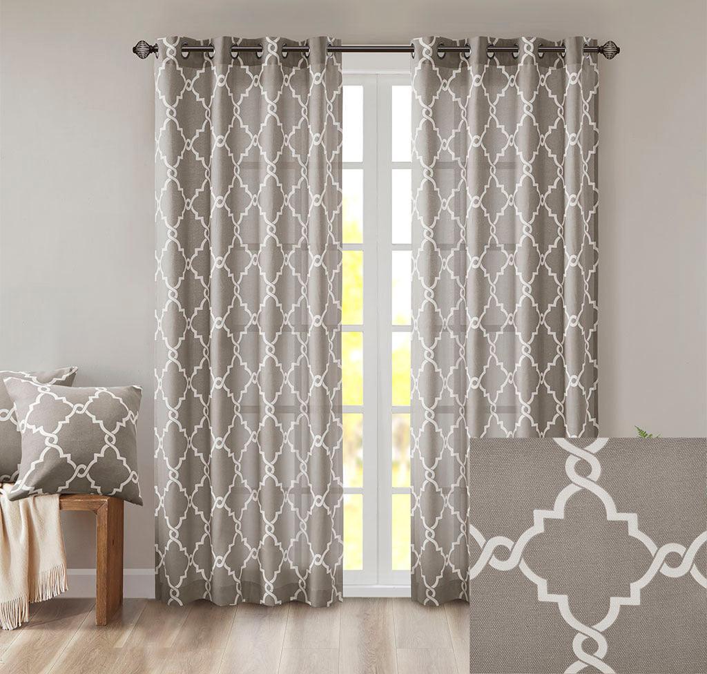 Olliix.com Curtains - Saratoga 84 H Fretwork Print Grommet Top Window Curtain Gray
