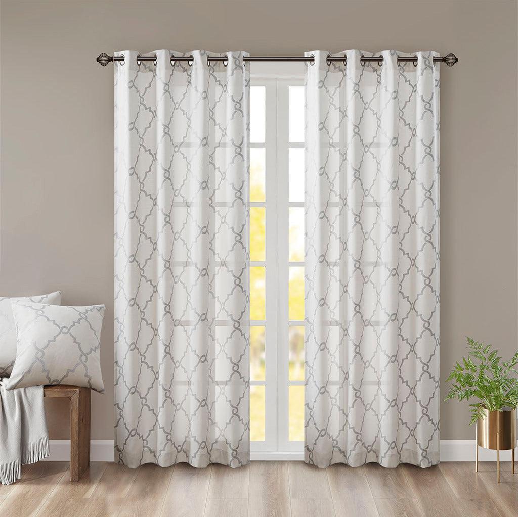 Olliix.com Curtains - Saratoga 84 H Fretwork Print Grommet Top Window Curtain Ivory