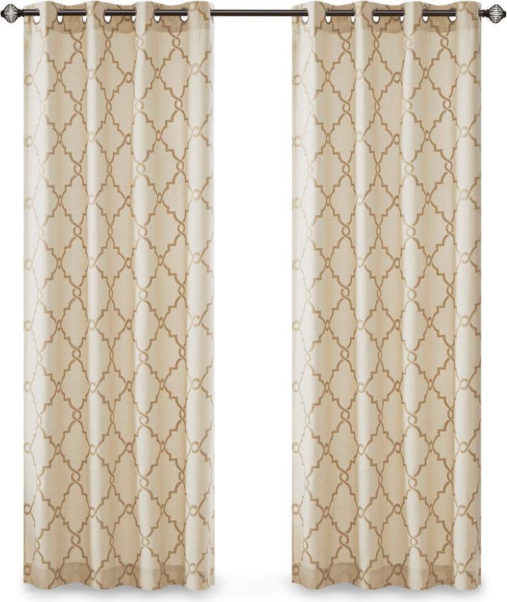 Olliix.com Curtains - Saratoga 95 H Fretwork Print Grommet Top Window Curtain Beige & Gold