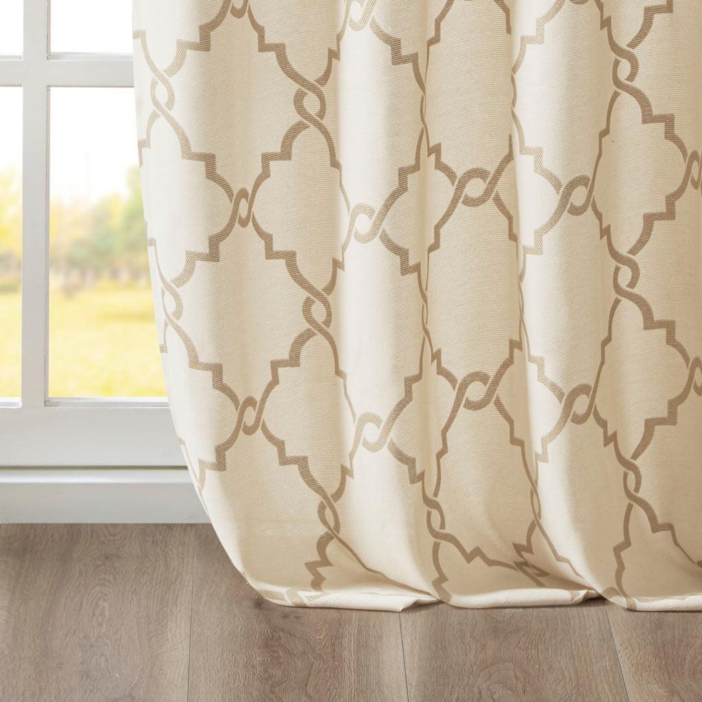 Olliix.com Curtains - Saratoga 95 H Fretwork Print Grommet Top Window Curtain Beige & Gold