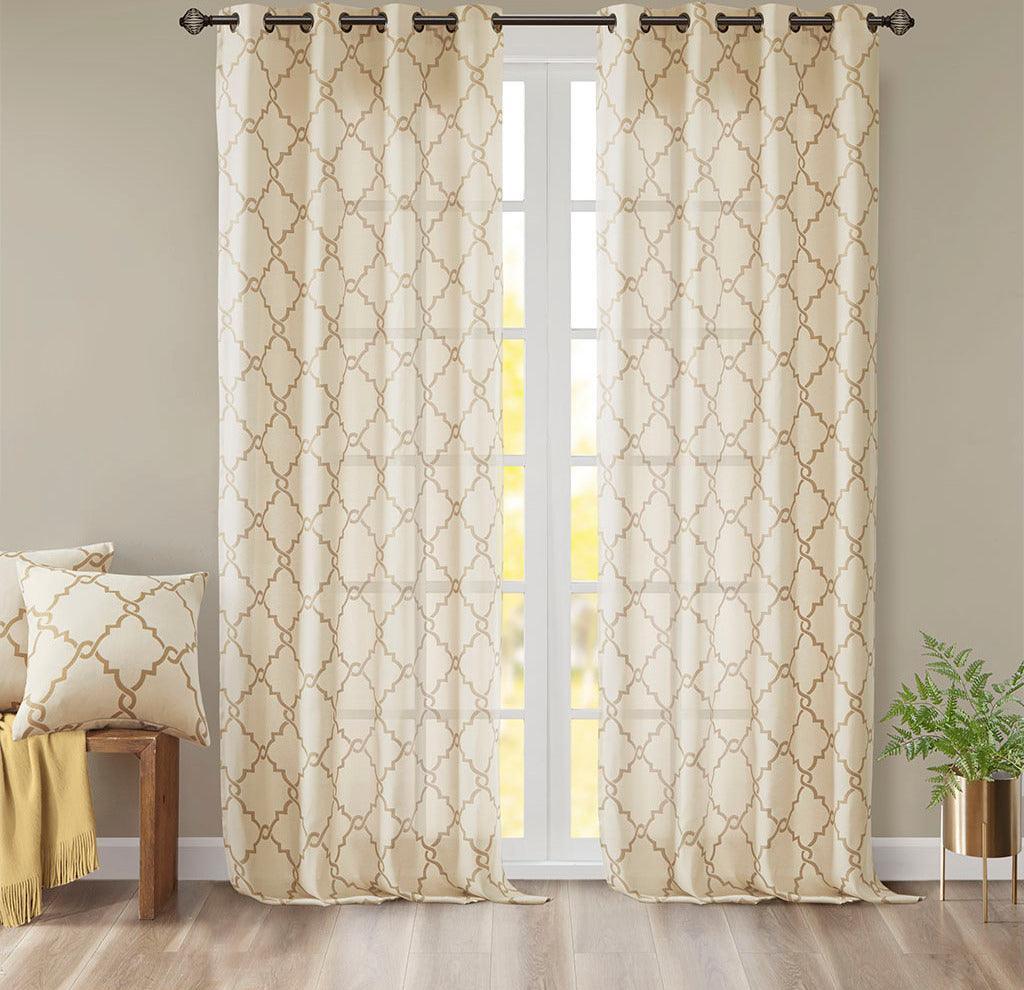 Olliix.com Curtains - Saratoga 95 H Fretwork Print Grommet Top Window Curtain Beige & Gold